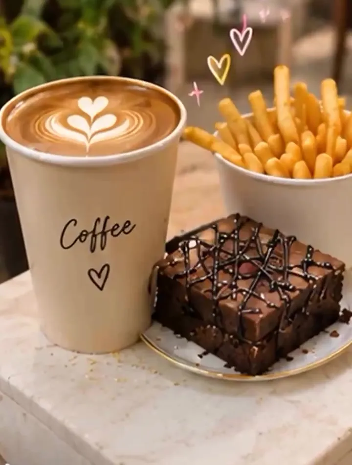 A latte, a chocolate brownie and fries
