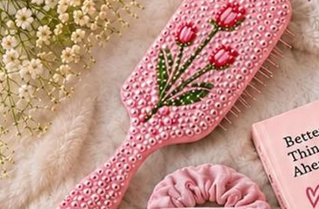 Pink hairbrush covered in pearls with a rhinestone tulip bouquet